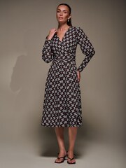 Jolie Moi Brown Puff Long Sleeve Jersey Midi Dress - Image 6 of 6