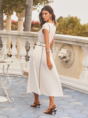 Lipsy Ivory Belted Tipped Cap Sleeve Midi Skater Dress - Image 4 of 4
