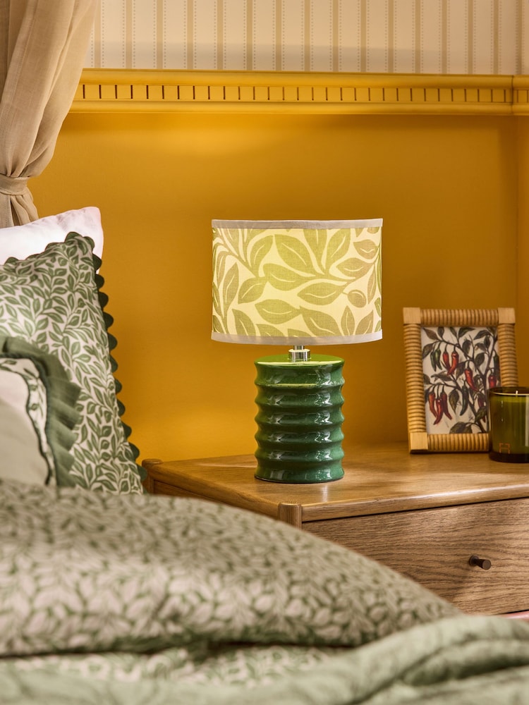Lia Gold x Next Green/Ecru Leaf Print Ribbed Ceramic Base Table Lamp - Image 1 of 6 Lia Gold x Next Green/Ecru Leaf Print Ribbed Ceramic Base Table Lamp - Image 1 of 6