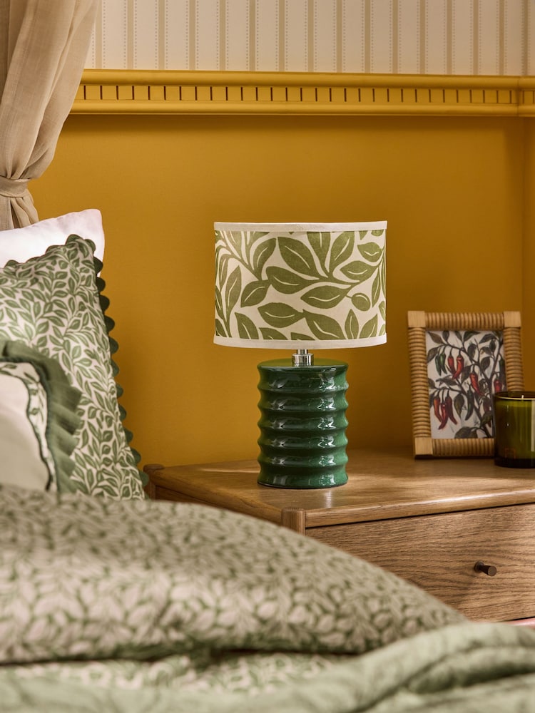 Lia Gold x Next Green/Ecru Leaf Print Ribbed Ceramic Base Table Lamp - Image 2 of 6 Lia Gold x Next Green/Ecru Leaf Print Ribbed Ceramic Base Table Lamp - Image 2 of 6