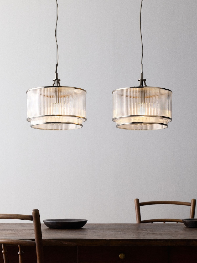 The Set 2 Pack Brushed Silver Ribbed Glass Pendant Ceiling Lights - Image 1 of 5 The Set 2 Pack Brushed Silver Ribbed Glass Pendant Ceiling Lights - Image 1 of 5