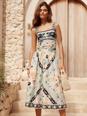 Lipsy X Mandy Sade Blue Petite Scarf Print Midi Dress - Image 1 of 4