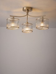 The Set 2 Pack Brass Ribbed Glass 3 Light Flush Ceiling Lights - Image 6 of 7