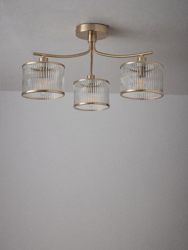 The Set 2 Pack Brass Ribbed Glass 3 Light Flush Ceiling Lights - Image 7 of 7 The Set 2 Pack Brass Ribbed Glass 3 Light Flush Ceiling Lights - Image 7 of 7