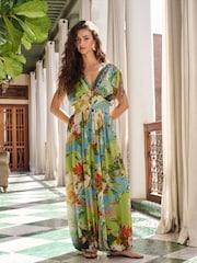 Lipsy Tropical Print V-Neck Draped Shoulder Balloon Leg Jumpsuit - Imaginea 1 din 6