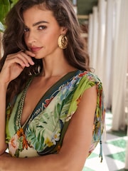 Lipsy Tropical Print V-Neck Draped Shoulder Balloon Leg Jumpsuit - Imaginea 3 din 6