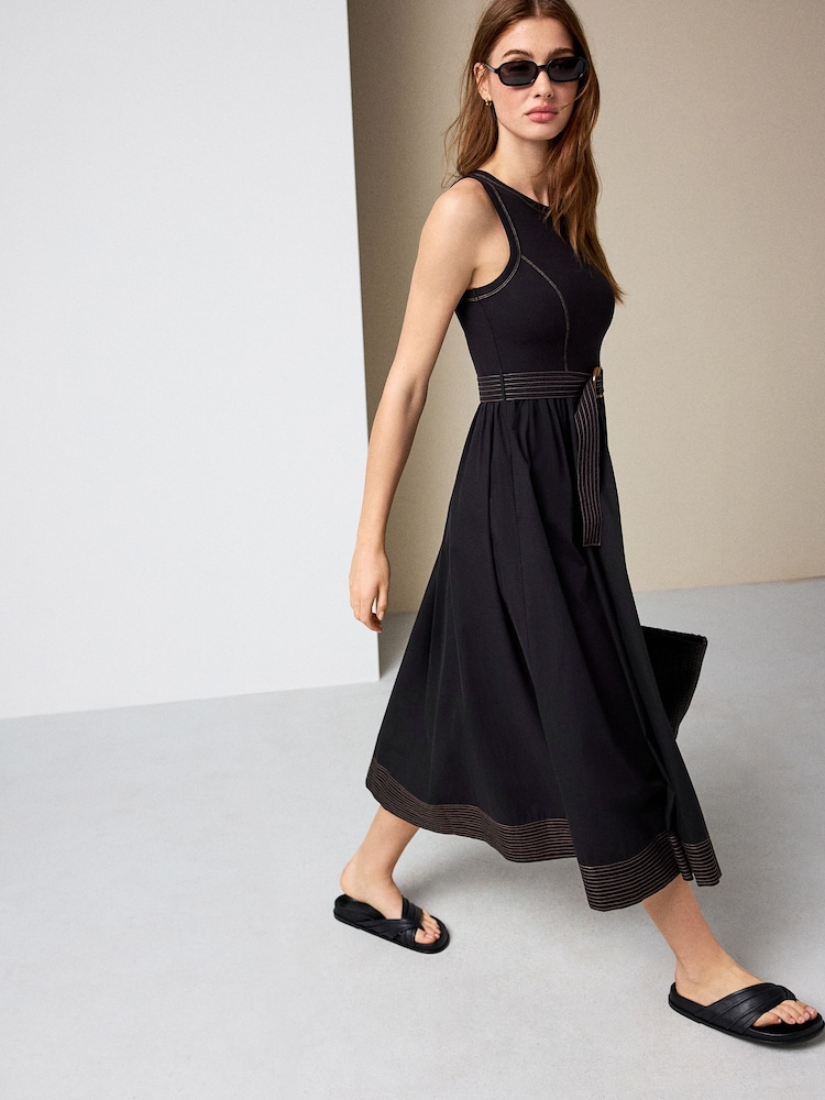 Black 2 in 1 Woven Mix Belted Midi Dress - Image 1 of 8 Black 2 in 1 Woven Mix Belted Midi Dress - Image 1 of 8