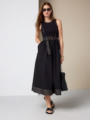 Black 2 in 1 Woven Mix Belted Midi Dress - Image 2 of 8