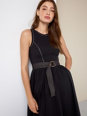 Black 2 in 1 Woven Mix Belted Midi Dress - Image 4 of 8