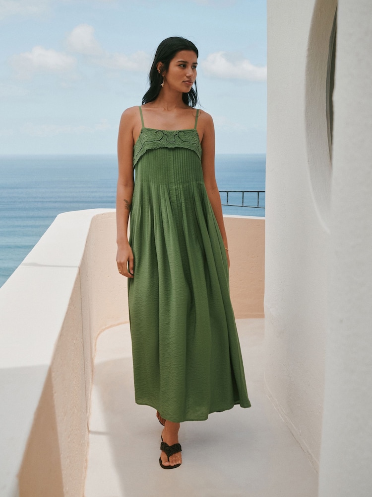 Green Pintuck Foldover Midi Summer Dress - Image 1 of 5