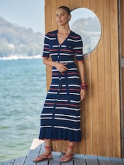 Love & Roses Navy/Red And White Striped Knitted Midi Dress - Image 1 of 4