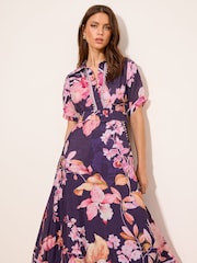 Lipsy Navy Petite Premium Floral Print Embellished Placket Midi Dress With Viscose - Image 1 of 4