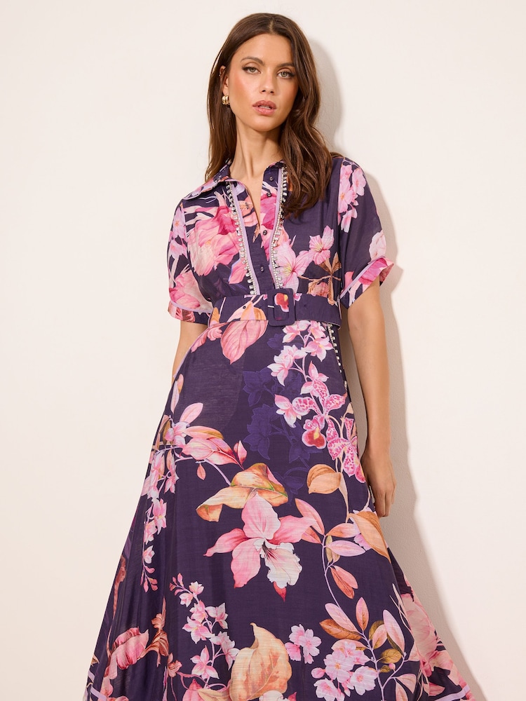 Lipsy Navy Petite Premium Floral Print Embellished Placket Midi Dress With Viscose - Image 1 of 4