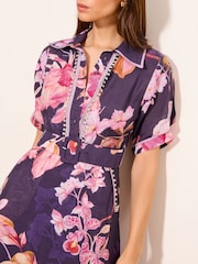 Lipsy Navy Petite Premium Floral Print Embellished Placket Midi Dress With Viscose - Image 2 of 4