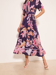 Lipsy Navy Petite Premium Floral Print Embellished Placket Midi Dress With Viscose - Image 3 of 4
