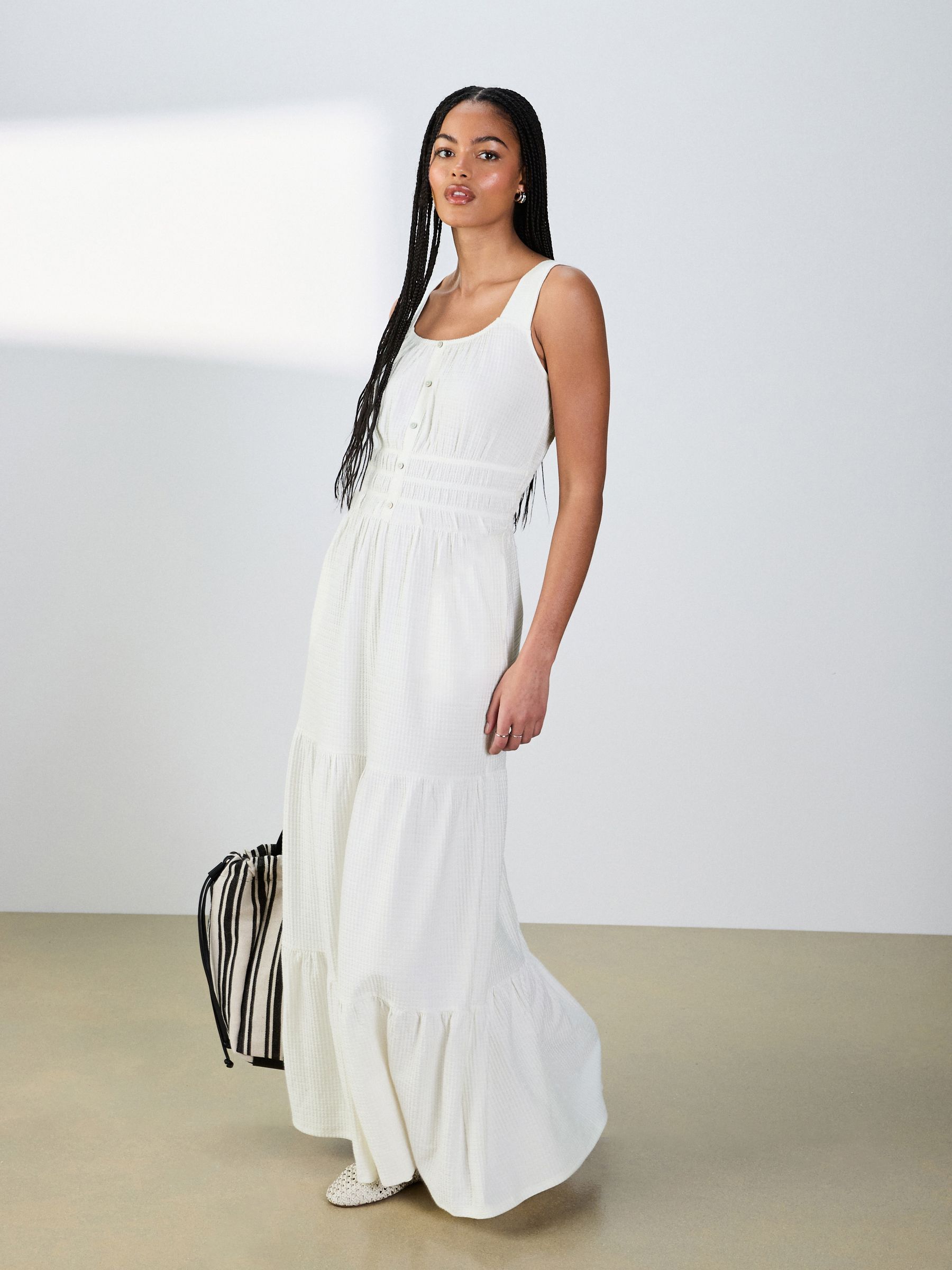 Buy Ecru White Sleeveless Textured Jersey Midi Summer Dress from