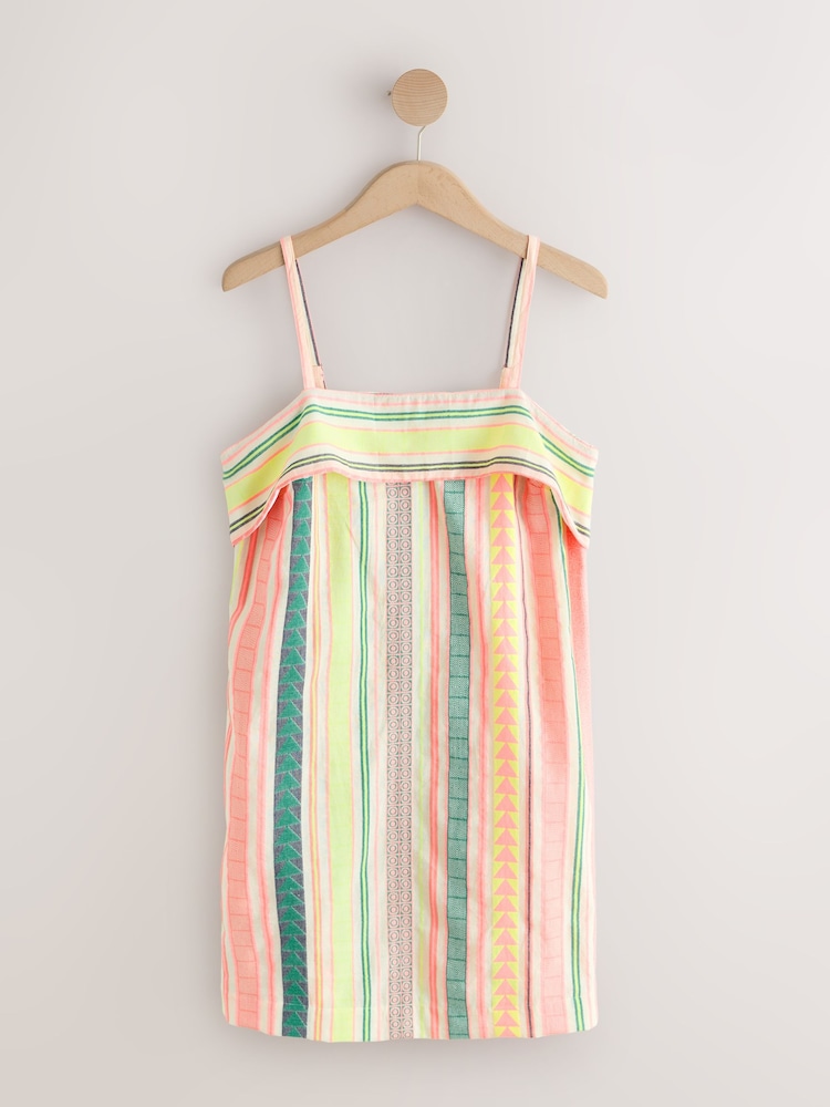 Neon-Pink, Streifen - Mini-Sommerkleid mit Trägern und Umschlag - Bild 1 von 3