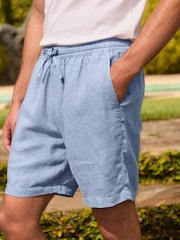 ライトブルー - 100% Linen Drawstring Waist Shorts - 画像 1 / 10