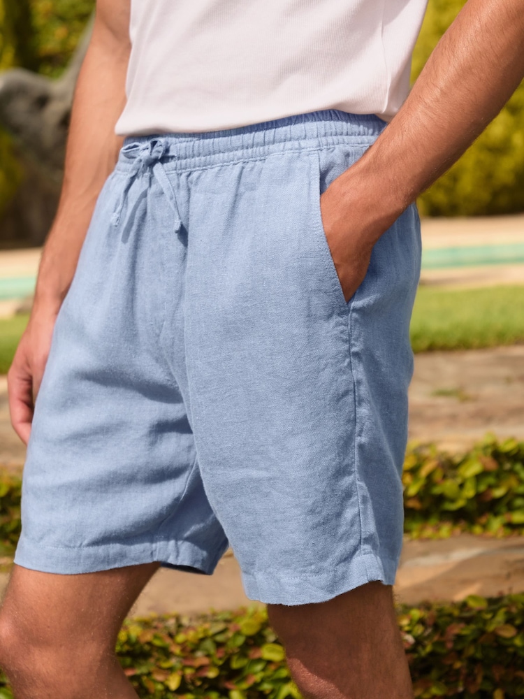 ライトブルー - 100% Linen Drawstring Waist Shorts - 画像 1 / 10