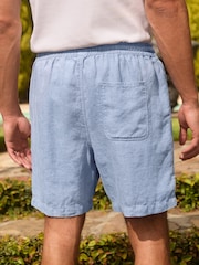 ライトブルー - 100% Linen Drawstring Waist Shorts - 画像 3 / 10
