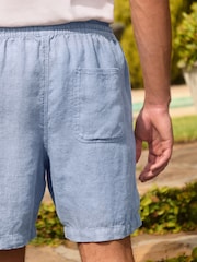 ライトブルー - 100% Linen Drawstring Waist Shorts - 画像 4 / 10
