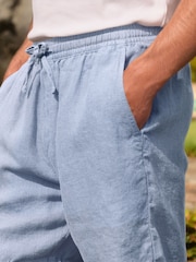 ライトブルー - 100% Linen Drawstring Waist Shorts - 画像 5 / 10