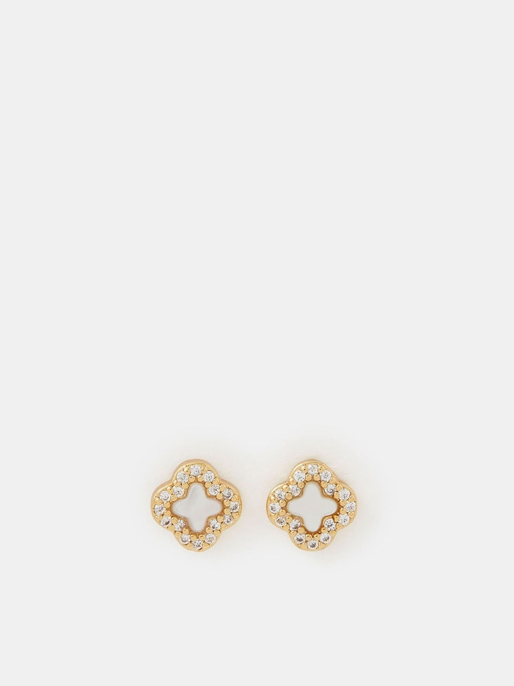 Accessorize Gold Tone 14ct Plated Mother of Pearl Clover Stud Earrings - Image 2 of 2 Accessorize Gold Tone 14ct Plated Mother of Pearl Clover Stud Earrings - Image 2 of 2