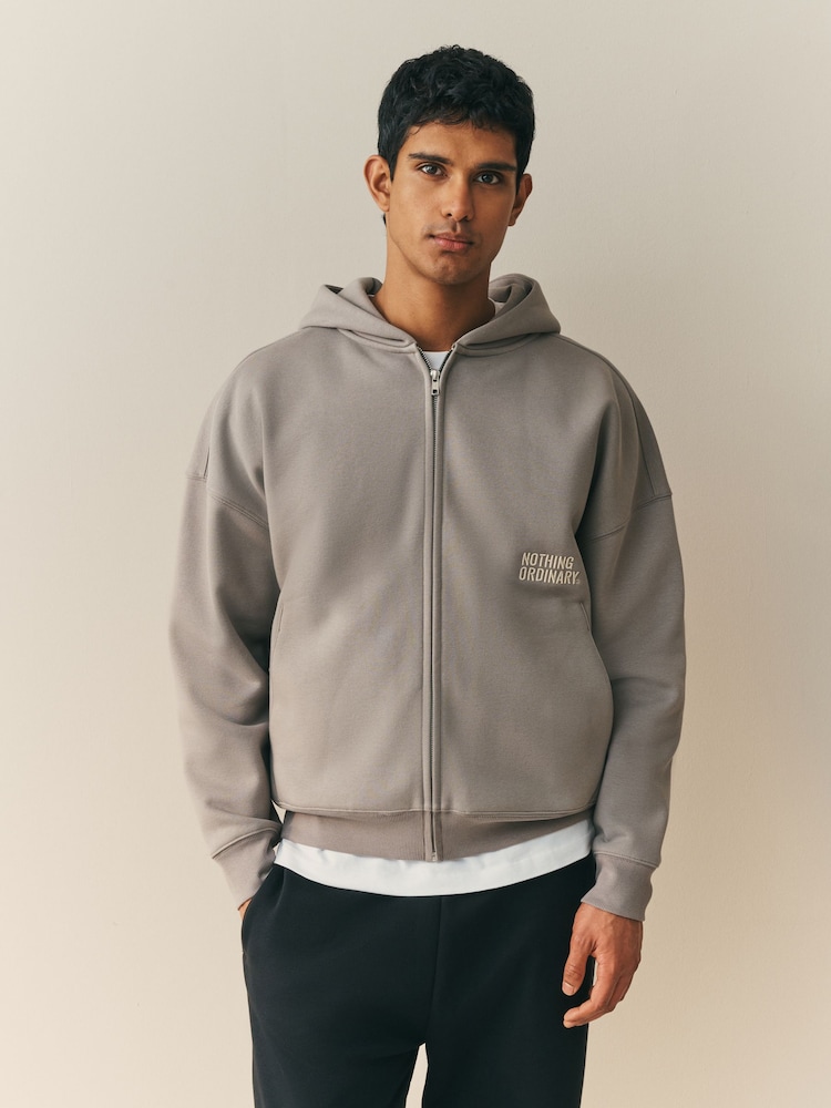 Nothing Ordinary Grey Embroidered Heavyweight Zip Hoodie - Image 1 of 6