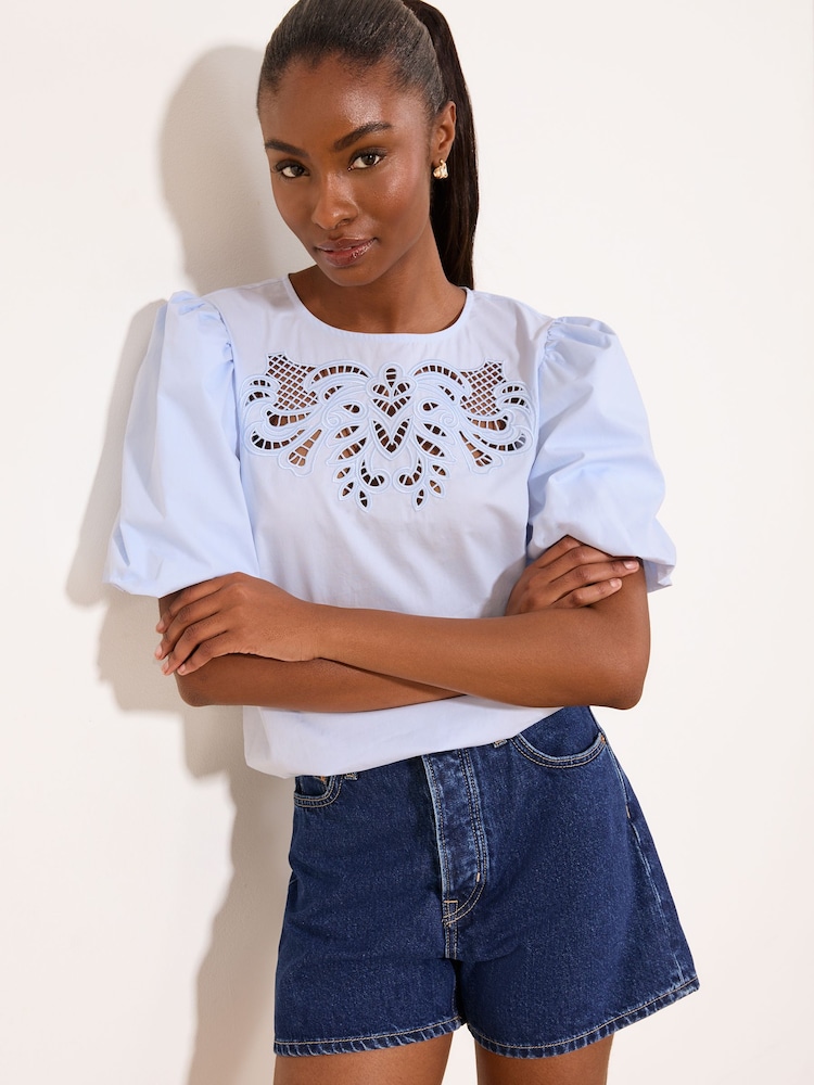 Lipsy Light Blue Puff Sleeve Cutwork Detail Top - Image 1 of 5