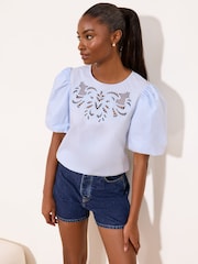 Lipsy Light Blue Puff Sleeve Cutwork Detail Top - Image 3 of 5