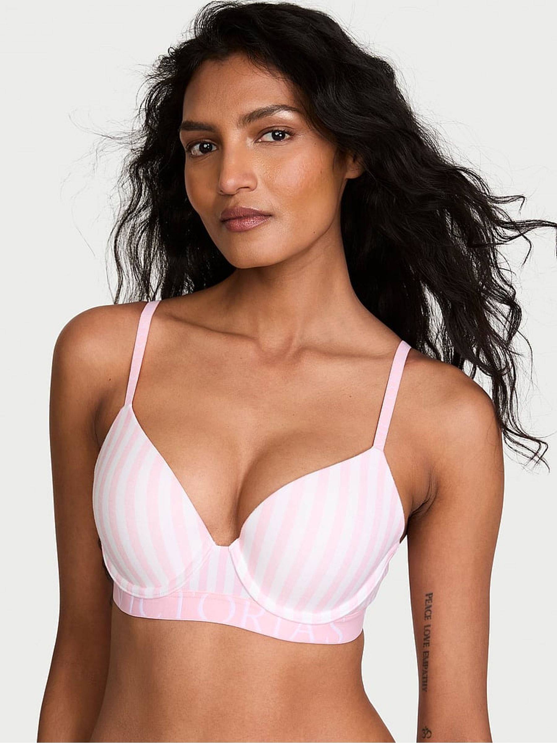 Victoria's Secret Pretty Blossom Pink Stripes Full Cup Push Up Cotton Exploded Logo Bra