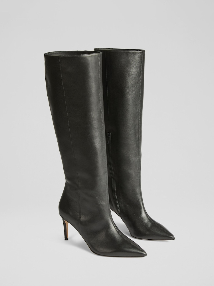 LK Bennett Black Astrid Black Leather Knee Boots - Image 2 of 4