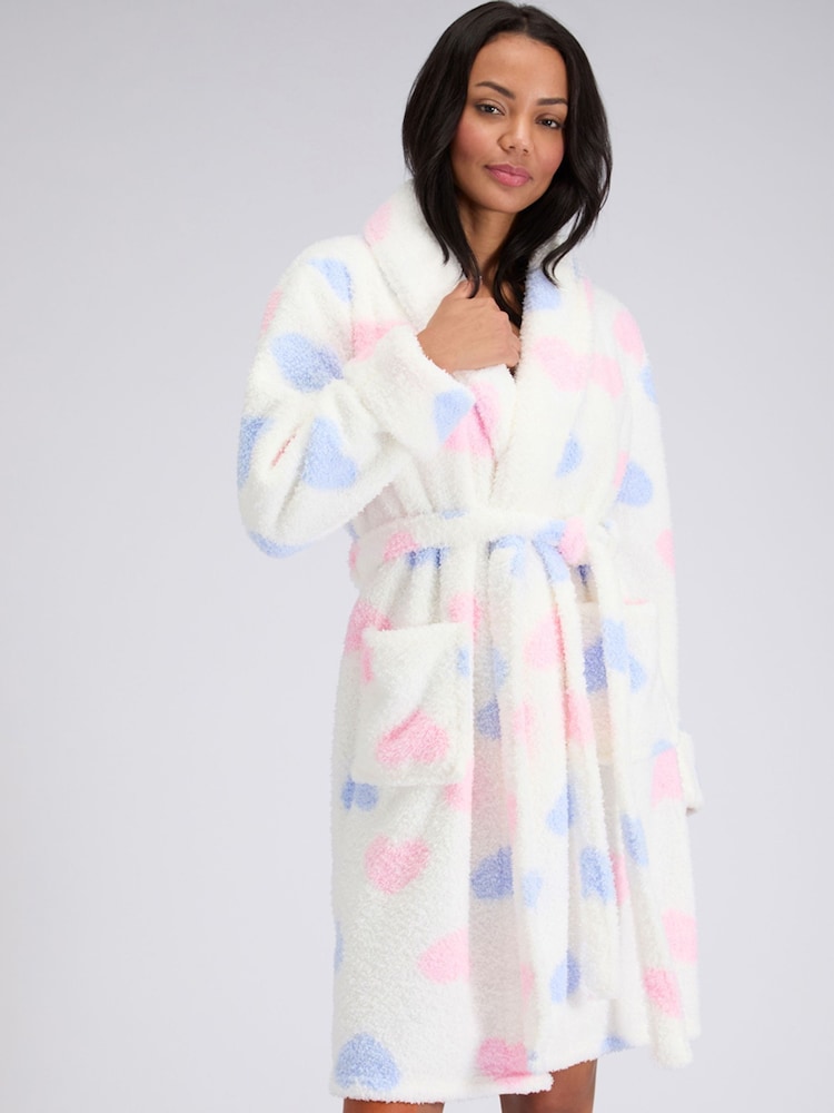Boux Avenue White Fluffy Boucle Heart Midi Dressing Gown - Image 1 of 5 Boux Avenue White Fluffy Boucle Heart Midi Dressing Gown - Image 1 of 5