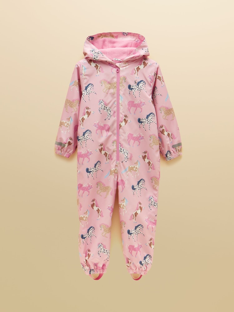 Joules Girls' Raindrop Pink Horse Waterproof Packaway Puddlesuit - Image 1 of 5 Joules Girls' Raindrop Pink Horse Waterproof Packaway Puddlesuit - Image 1 of 5