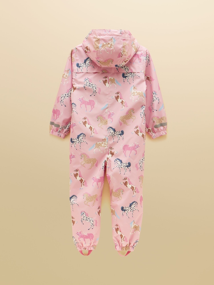 Joules Girls' Raindrop Pink Horse Waterproof Packaway Puddlesuit - Image 2 of 5 Joules Girls' Raindrop Pink Horse Waterproof Packaway Puddlesuit - Image 2 of 5