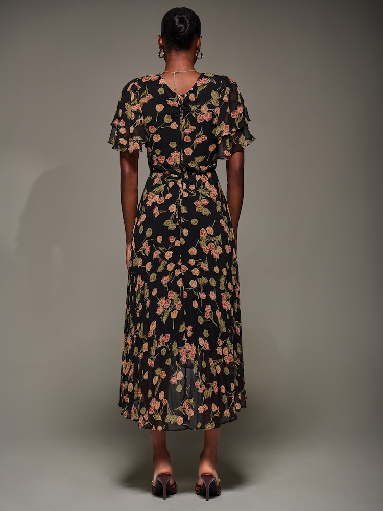 Jolie Moi Black Angel Sleeve Pleated Chiffon Midaxi Dress - Image 2 of 6 Jolie Moi Black Angel Sleeve Pleated Chiffon Midaxi Dress - Image 2 of 6