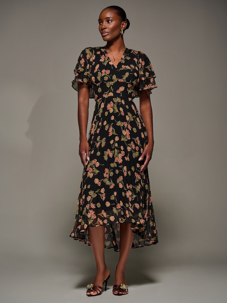 Jolie Moi Black Angel Sleeve Pleated Chiffon Midaxi Dress - Image 6 of 6 Jolie Moi Black Angel Sleeve Pleated Chiffon Midaxi Dress - Image 6 of 6