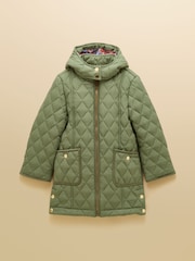 Joules Girls' Marsdale Khaki Green Showerproof Quilted Longline Coat - Image 1 of 5