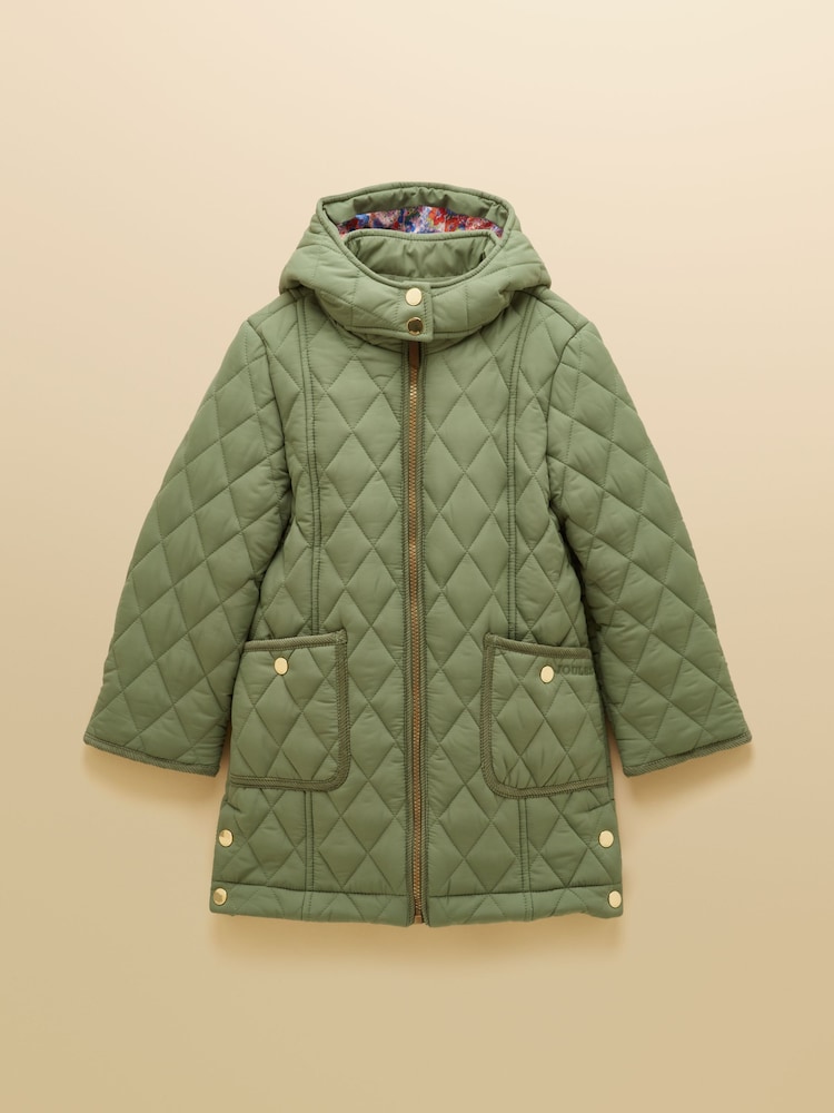 Joules Girls' Marsdale Khaki Green Showerproof Quilted Longline Coat - Image 1 of 5