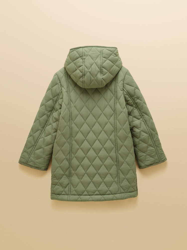 Joules Girls' Marsdale Khaki Green Showerproof Quilted Longline Coat - Image 2 of 5