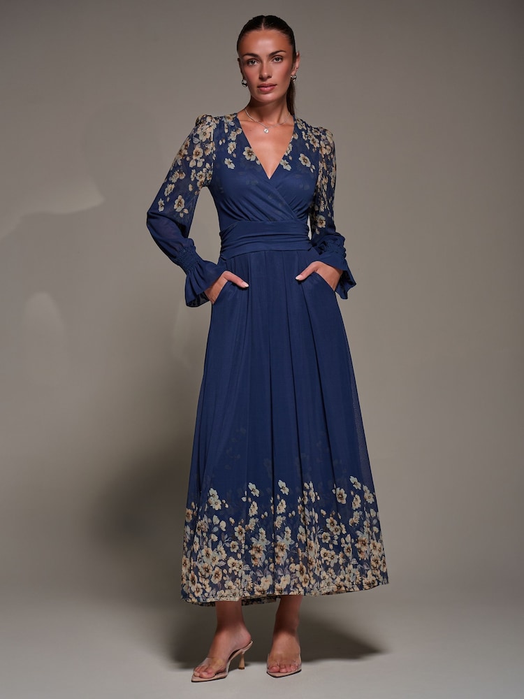 Jolie Moi Blue Mirrored Print Long Sleeve Mesh Maxi Dress - Image 1 of 6 Jolie Moi Blue Mirrored Print Long Sleeve Mesh Maxi Dress - Image 1 of 6
