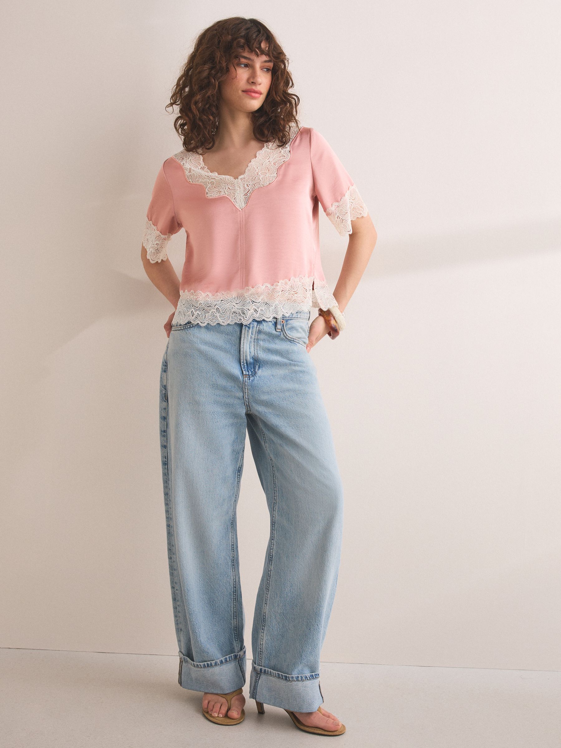 Buy Pink/Cream Satin V-Neck Lace Trim Top from Next USA