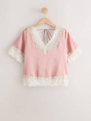 Różowy/kremowy - Satin V-Neck Lace Trim Top - Obraz 5 z 7