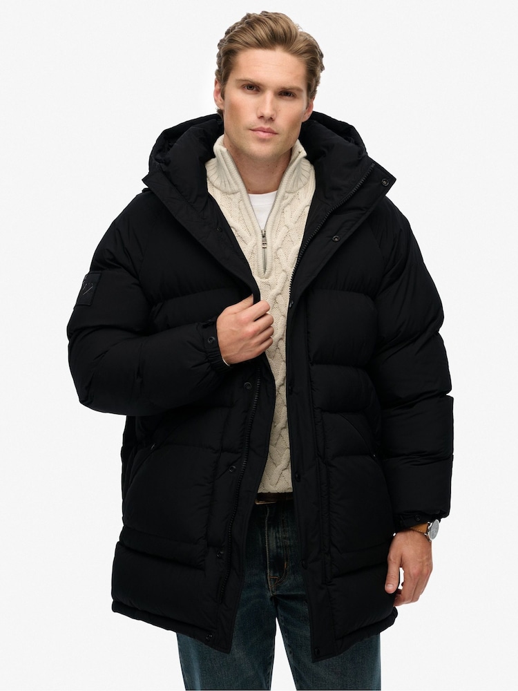 Superdry Black XPD Longline Baffle Parka Jacket - Image 1 of 9