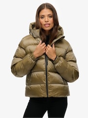 Superdry Green Hooded Luxe Sports Puffer Jacket - Image 1 of 7