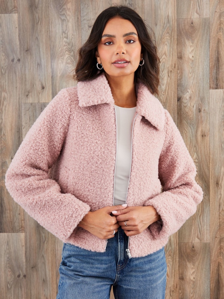 Threadbare Pink Collared Zip-Up Borg Bomber Jacket - Image 1 of 5
