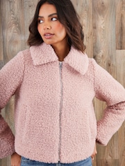 Threadbare Pink Collared Zip-Up Borg Bomber Jacket - Image 4 of 5