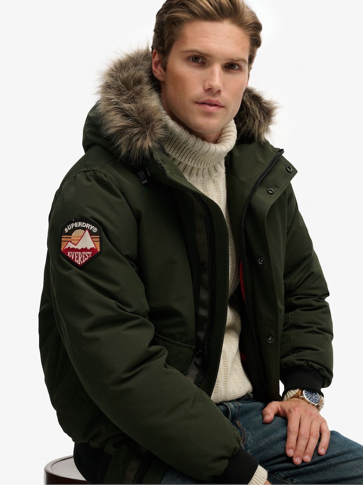 Superdry Green Everest Faux Fur Bomber Jacket - Image 1 of 8 Superdry Green Everest Faux Fur Bomber Jacket - Image 1 of 8