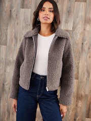 Threadbare Grey Collared Zip-Up Borg Bomber Jacket - Image 1 of 5