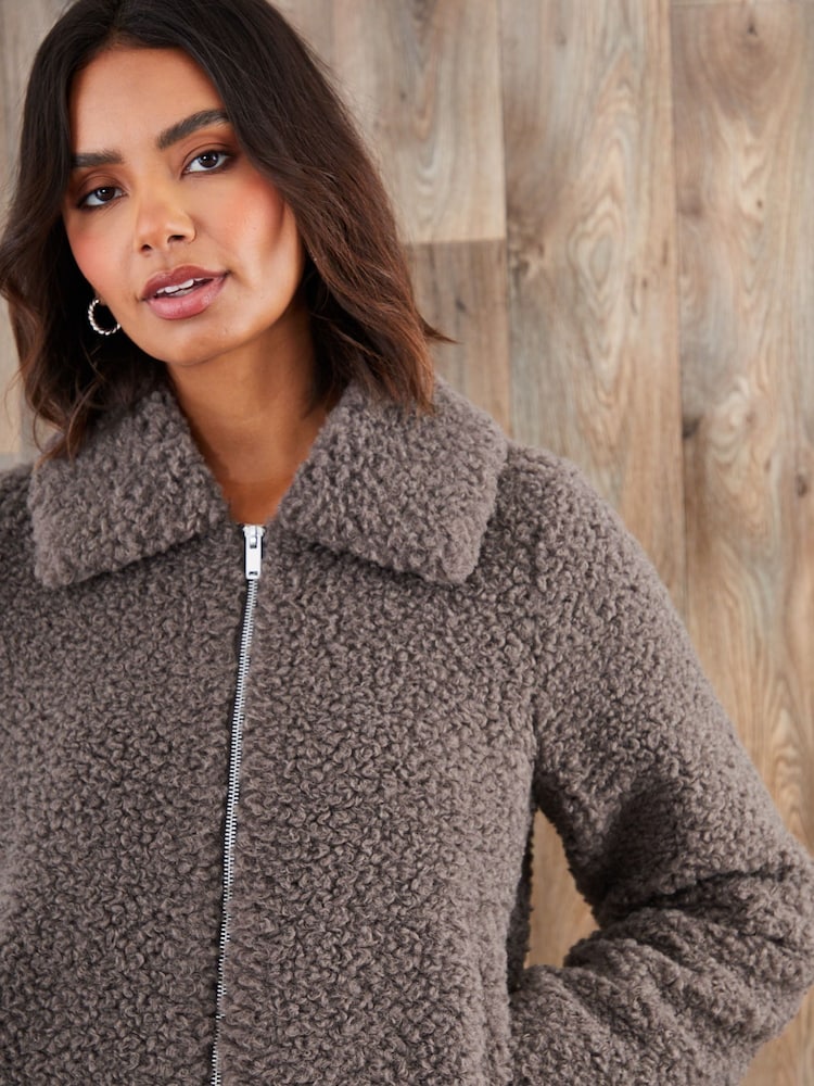 Threadbare Grey Collared Zip-Up Borg Bomber Jacket - Image 2 of 5